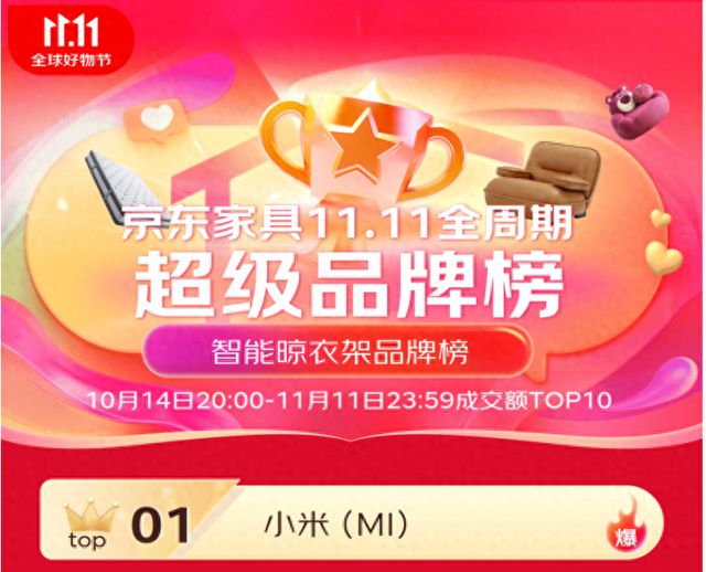 前三 米家智能晾衣机双11京东成交额TOP1AG旗舰赞助马竞联赛6大单品上榜 包